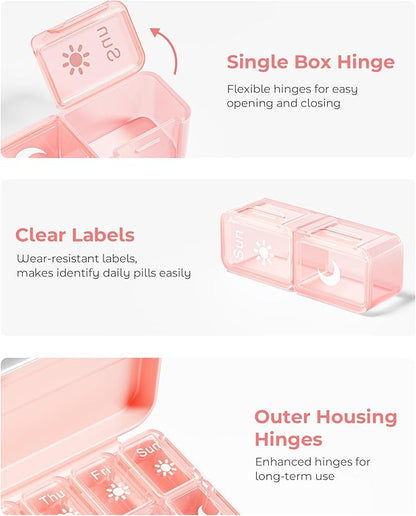 Zoksi Am Pm Pill Organizer 7 Day, Weekly Pill Box 2 Times a Day, Medicine Pill Organizer with Separate Compartment, Travel Pill Case Dispenser Portable for Vitamins, Fish Oils, Medicines(Pink)