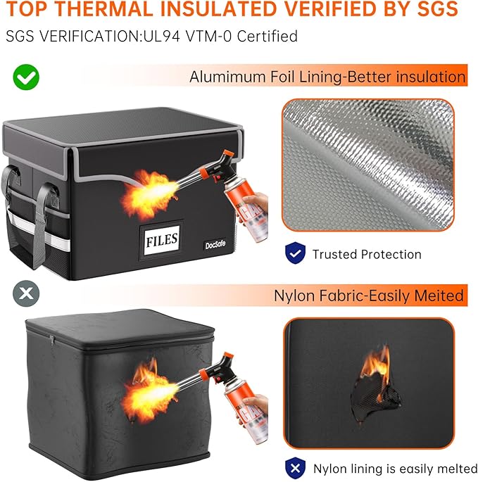 DocSafe 5200°F Fireproof Document Box with Lock,Heat Insulated File Organizer Storage with Pockets,Collapsible Portable Home Office File Safe Box with Handle for Hanging Letter/Legal Folders, Black