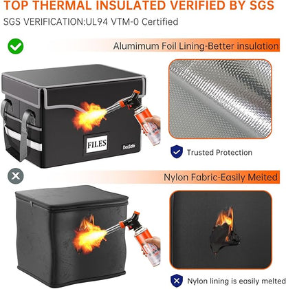 DocSafe 5200°F Fireproof Document Box with Lock,Heat Insulated File Organizer Storage with Pockets,Collapsible Portable Home Office File Safe Box with Handle for Hanging Letter/Legal Folders, Black