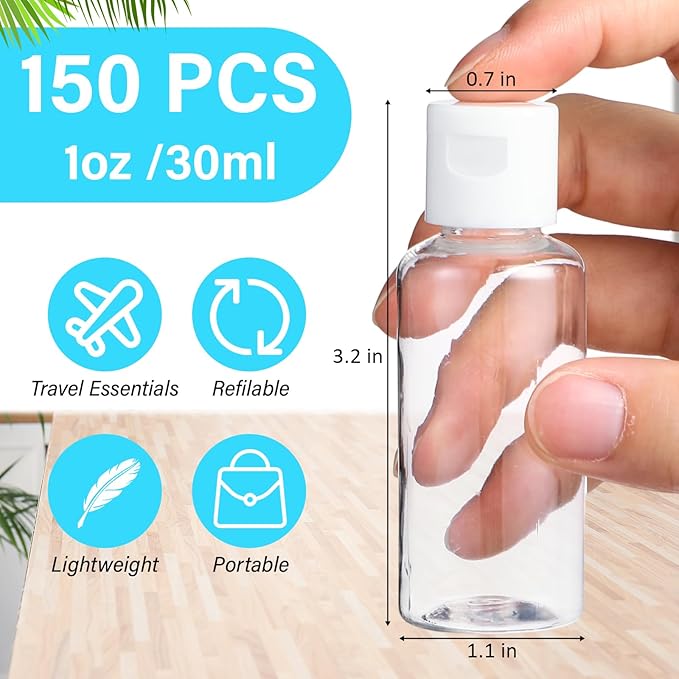 Mimorou 150 Pcs 1oz Travel Bottles Bulk for Toiletries Clear Small Travel Size Bottles Bulk Refillable Empty Containers for Shampoo Lotion Liquid Body Soap Cream Toiletries (White Cap)