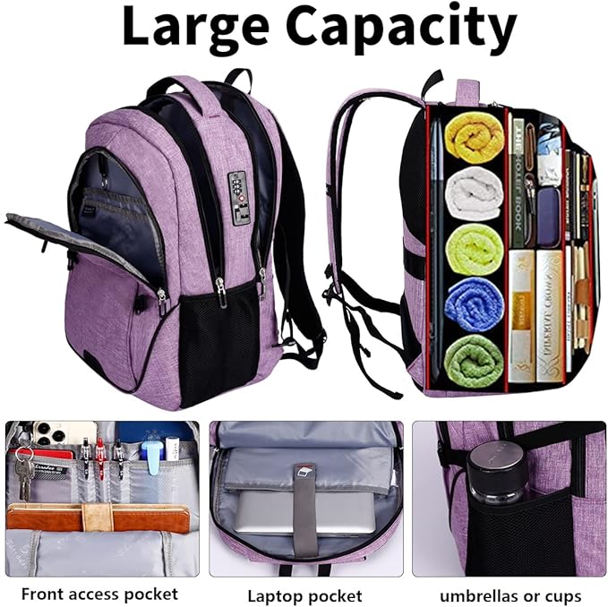SHRRADOO Anti Theft Laptop Backpack Travel Backpacks with usb Charging Port for Women Men High School College Backpack Computer Bag Fits 17 Inch Laptop,Purple