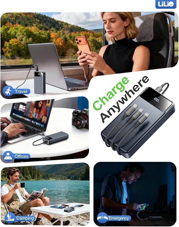 LILIO Portable Charger Power Bank，60,000mAh Battery Pack, 22.5W Power Bank Fast Charging with USB Cable, Phone Charger for iPhone 17/16/15/14/13 All Series/Samsung/Android, Camping Essentials, Grey