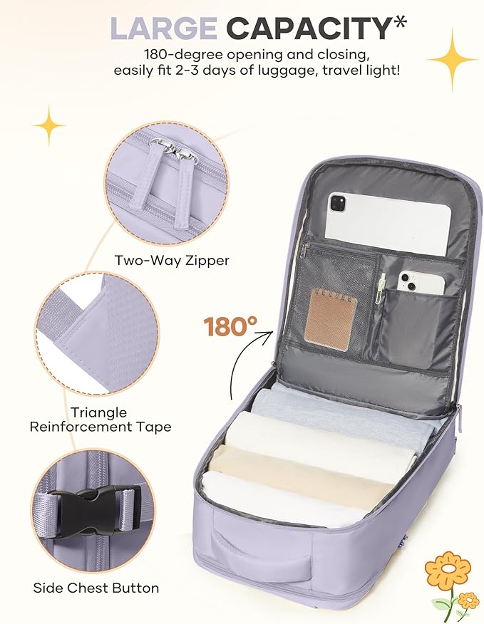 Large Carry On Backpack Flight Approved Personal Item Travel Backpack For Women Airline Approved Waterproof Sports Luggage Backpack Casual Daypack Small Hiking Backpack Purple Backpack