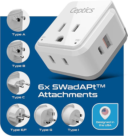 Ceptics World Power Plug Adapter Set, Dual USB & USB-C 3.1A, 20W with QC-PD, 2 USA Outlet Compact & Powerful, Use In Europe, Asia, Australia, Japan, Includes Type A, B, C, E/F, G, I SWadAPt Attachment