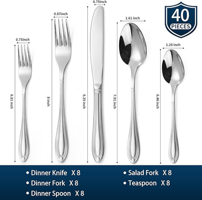 Silverware Set for 8, 40-Piece Flatware Set Include Spoons And Forks Set, Stainless Steel Cutlery Set with Line Pattern, Mirror Polished, Dishwasher Safe.