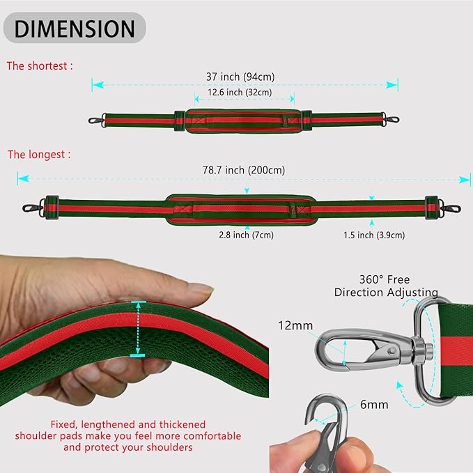 ZINZ 79 inch Shoulder Strap, Extra-thick Fixed Cushion Pad and Dual Clasps Universal Replacement Strap with Metal Swivel Hooks for Laptop Bags, Luggage Bags, Camera, Crossbody(Stripes-GrWGr)