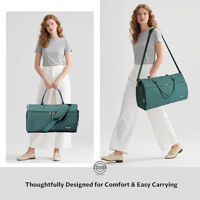 STOVER Women’s Convertible Garment Duffel Bag for Travel – 2-in-1 Carry-On Weekender/Overnight Tote - Wrinkle-Free Dresses, Suits & Clothes Plus Shoe Compartment & Bonus Toiletry Bag (Emerald Green)