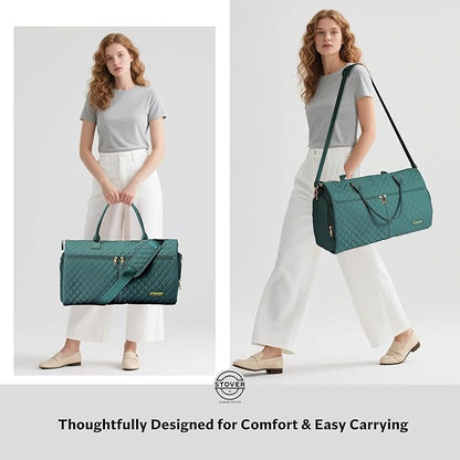 STOVER Women’s Convertible Garment Duffel Bag for Travel – 2-in-1 Carry-On Weekender/Overnight Tote - Wrinkle-Free Dresses, Suits & Clothes Plus Shoe Compartment & Bonus Toiletry Bag (Emerald Green)
