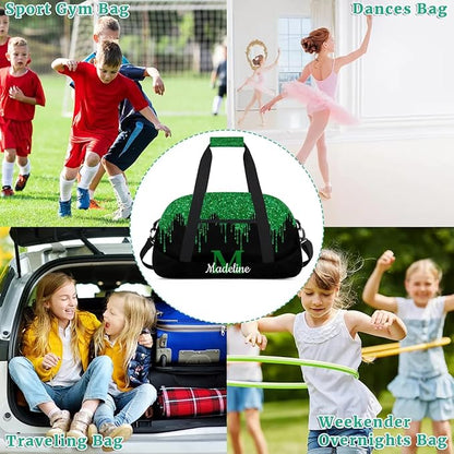 Personalized Kids Sports Duffel Bag with Name Custom Weekender Overnight Bag for Boys Girls Gym Bag Travel Dance Gymnastics Duffel Bag, Green Glitter