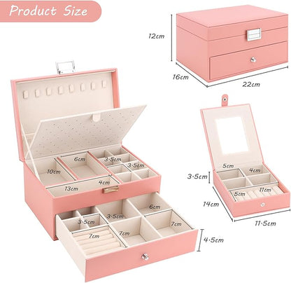 DesignSter Jewelry Organizer Box, 2 Layers Large Jewelry Box with Travel Jewelry Case, Leather Jewelry Storage Case for Rings Earrings Bracelets Necklaces (Pink)