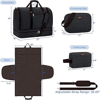 Garment Duffle Bag for Travel - Convertible Carry on Garments Duffel Bags Travel Bag for Women Men Large Weekender Bag with Shoes Compartment 3 in 1 Hanging Clothes Suit Dress Bag 3pcs Set