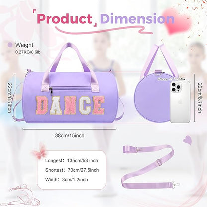 Dance Bag for Girls, KUIRAN 23L Waterproof Travel Duffel Bag with Colorful Chenille Letter, Lightweight Small Gym Sport Ballet Weekender Bag with Large Main Compartment - Purple