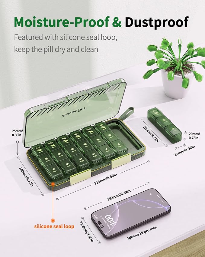 Weekly Pill Organizer 3X a Day, Large 7 Day Pill Box 3 Times a Day with 7 Compartments, Portable Travel Daily Pill Box for Medication, Vitamins, Fish Oil and Supplements, Green
