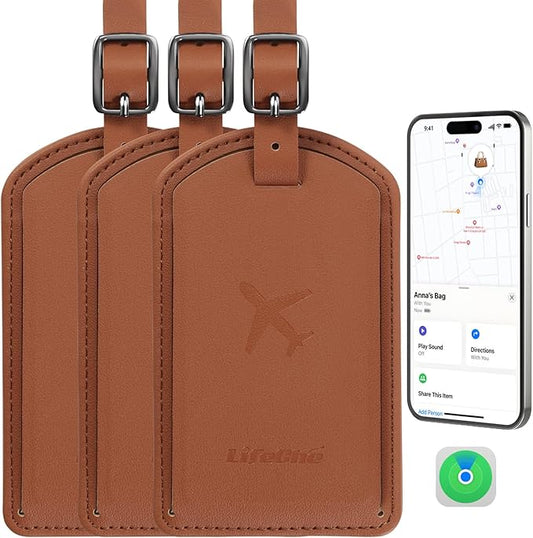 Luggage Tags Built-in Anti-Loss Tracker, Luxury Leather Luggage Tags for Suitcase, Travel Bags, Backpacks, Travel Organizer for Lost Baggage Prevention (Brown*3 Pack)