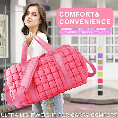 Quilted Travel Duffle Bag Gym Bag for Women,Large Puffer Duffle Weekender Bag with Compartment,Workout Overnight Carry on Organizer Bag Duffle Bag for Airplane Travel(L-Pink)