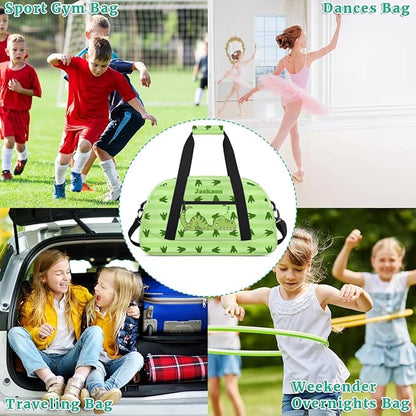 Personalized Duffel Bag for Kids Girls Boys, Cute Dinosaur Custom Name Gym Bag Overnight with Padded Handles Carry On Weekend Sports Travel Bag for School Practice Gymnastics Ballet