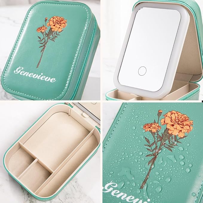 Custom Name Travel Makeup Bag with Led Mirror Cute Small Makeup Bags for Women Teen Girls Mom Personalized Birth Flower Jewelry Makeup Box Organizer with Light Up Mirror Floral Makeup Case Make Up Bag
