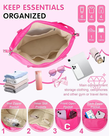 Overnight Bag for Kids Teen Girls Weekender Dance Bag Birthday Graduation Gifts,Initial Travel Duffel Bag Sports Gym Bag Personalized Weekender Bag Carry On Bags Preppy Gifts for Women(Hot Pink, C)