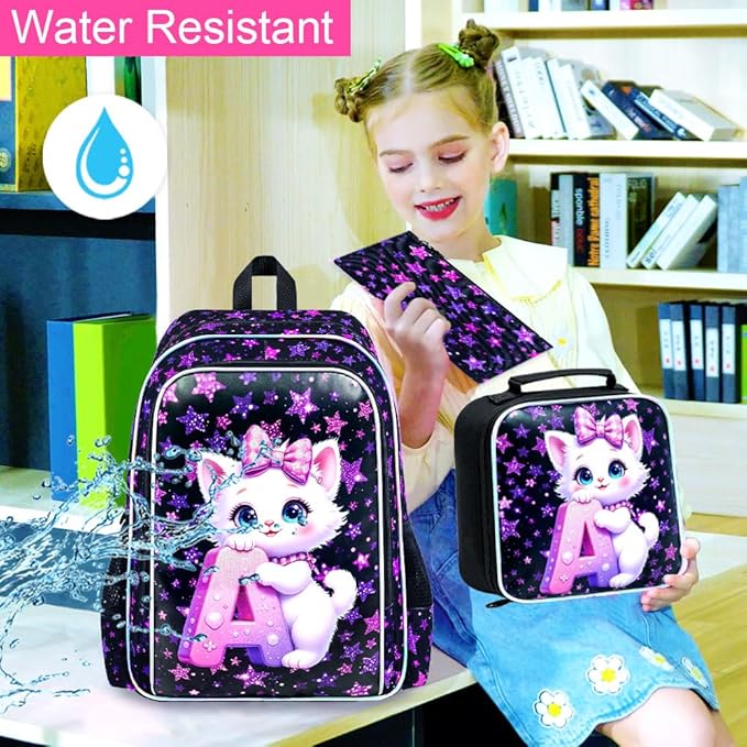 WZLVO 3PCS Girls Cat Backpack Set, 16" Glittery UV Printing Kids Bookbag/School Bag with Lunch Box & Pencil Bag for Preschool to Elementary - Cat Holding Letter A