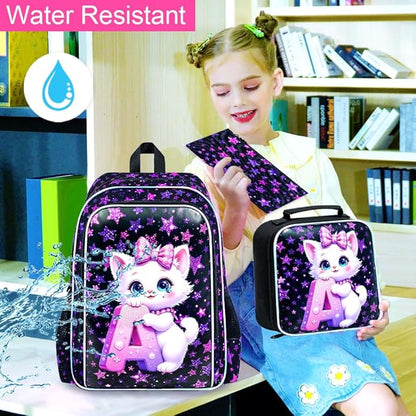 WZLVO 3PCS Girls Cat Backpack Set, 16" Glittery UV Printing Kids Bookbag/School Bag with Lunch Box & Pencil Bag for Preschool to Elementary - Cat Holding Letter A