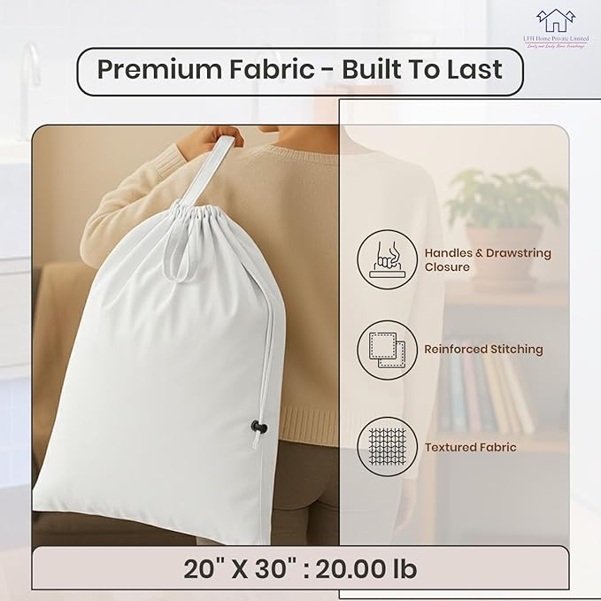 LFH Home Cotton Canvas Large Laundry Bag with Handle, Heavy Duty Drawstring Closure Washable Laundry Bags, School Travel, Home, Hotel, College Dorm, Organizer Sack, Toy Clothes 20x30 (Pack of 2)-White