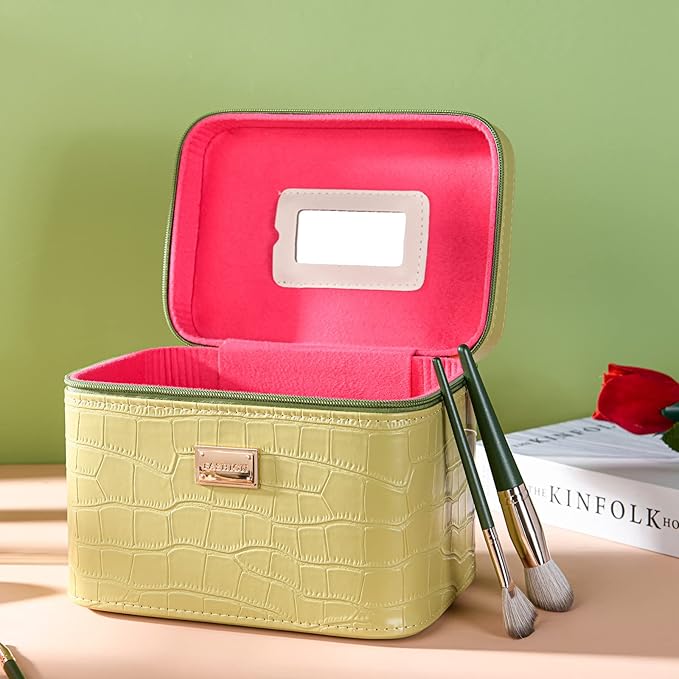 Portable leather hard cosmetic case with mirror, Green cosmetic box organizer,Professional train case make up box for women adults.