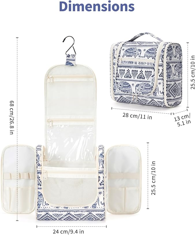 Narwey Hanging Toiletry Bag for Women Travel Makeup Bag Organizer Toiletries Bag for Cosmetics Essentials Accessories (Large, Elephant)