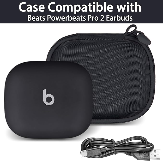 co2CREA Hard Case for Beats Powerbeats Pro 2 with Carabiner Clip, Shockproof Earbuds Storage Box – Protective Travel Cover for Powerbeats Pro 2 Wireless Bluetooth Earbuds (Jet Black Case)