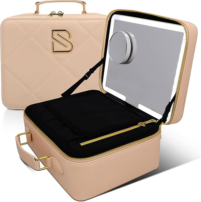 BAREZ Premium PU Leather Makeup Bag With LED Mirror - 3 Brightness Mirror Light Settings - Adjustable Dividers - Removable Mirror Waterproof Cosmetic Travel Bag - A Luxury Gift for Her (Nude)