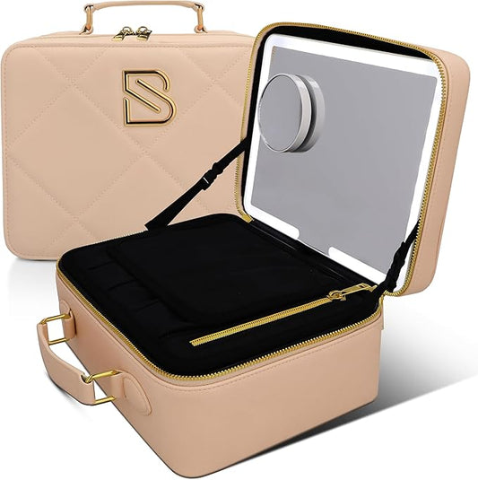 BAREZ Premium PU Leather Makeup Bag With LED Mirror - 3 Brightness Mirror Light Settings - Adjustable Dividers - Removable Mirror Waterproof Cosmetic Travel Bag - A Luxury Gift for Her (Nude)