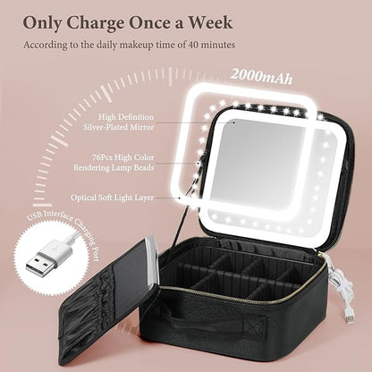 Travel Makeup Bag with LED Lighted Mirror, Cosmetic Makeup Organizer Bag with 3 Color Setting, Makeup Train Case with Adjustable Dividers for Women Makeup Brushes Jewelry Accessories (Black)