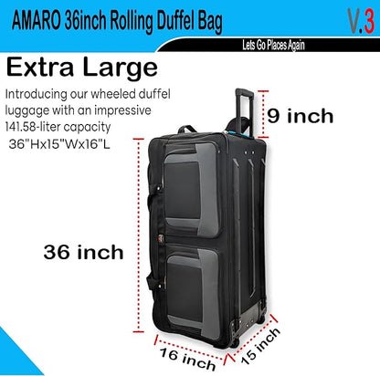 AMARO 36-Inch Rolling Duffle Bag with Wheels and Handle – Extra Large Travel Luggage with Multiple Compartments and Durable Polyester – Black/Grey