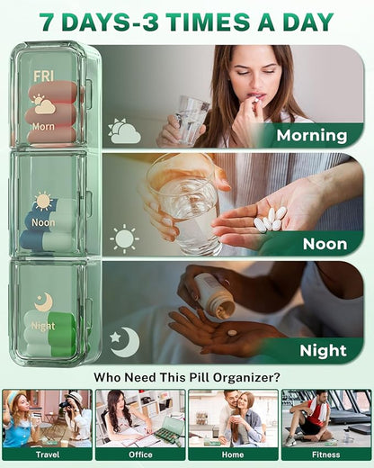 Weekly Pill Organizer 3x a Day - 7 Day Pill Box with 21 Compartments (Morning/Noon/Night), BPA-Free Daily Pill Case, Portable Medicine Organizer for Vitamins, Supplements & Medication【Upgrade】 (Green)