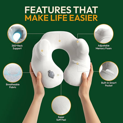 Adjustable Memory Foam Sides Inflatable Travel Neck Pillow | Super Soft, Compact & Portable Neck Support Pillow (Light Gray, Standard)