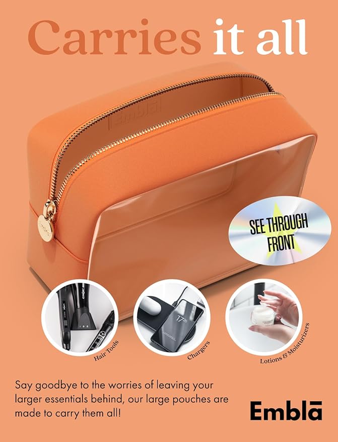 Embla London Makeup Bag Cosmetic Case, Clear Zipper Make Up Pouch and Toiletry Travel Tote, Cute Skincare Pouches for Women Girls, Preppy Purse Cosmetic Organizer, Large Makeup Bags, Peach