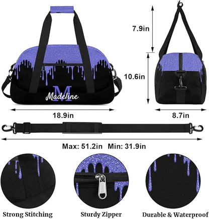 Personalized Kids Sports Duffel Bag with Name Custom Weekender Overnight Bag for Boys Girls Gym Bag Travel Dance Gymnastics Duffel Bag, Blue Purple Glitter