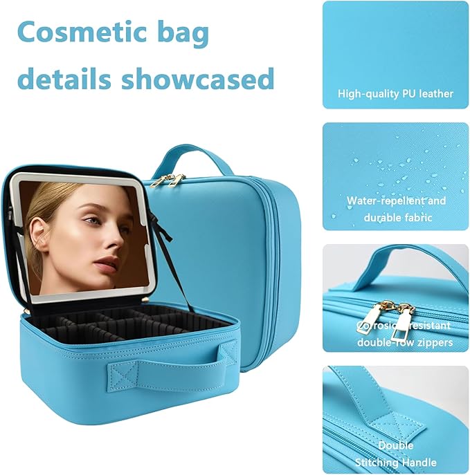 Travel Makeup Bag for Women and Makeup Artists Cosmetic Organizer Large Makeup Case,Travel Makeup Bag with Mirror 3 Color Setting,Portable Storage and Adjustable Dividers(blue)