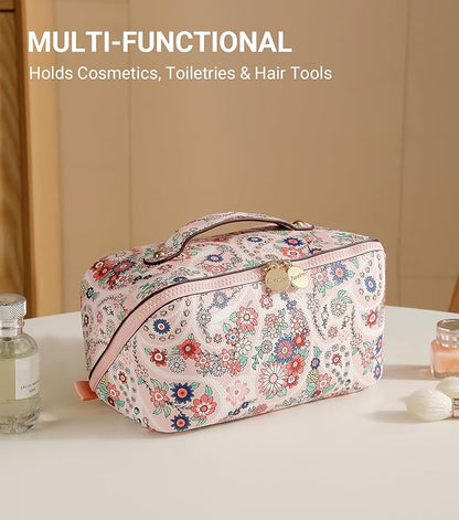 Aveniee Travel Makeup Bag for Women, Large Cosmetic Organizer with Open-Flat Design, Clear Divider & Handle - Waterproof PU Leather Toiletry Case (Floral Pattern)