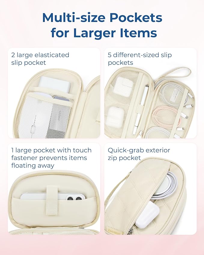 BAGSMART Travel Cord Organizer Electronics Case, Double Layers Puffer Cable Organizer Bag Travel Essentials for Women, Tech Organizer Case for Charger, Phone, Flash Drive - Beige