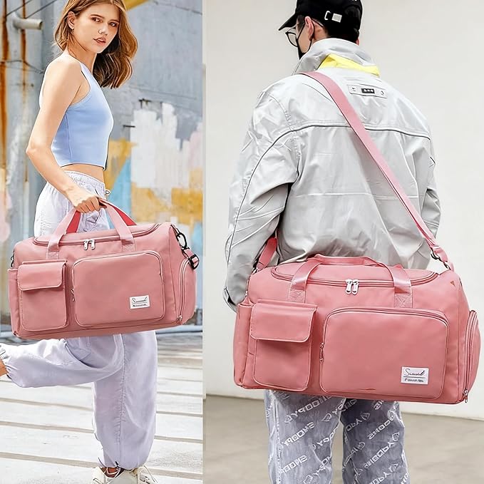 Gym Bag for Women Men, Travel Duffle Bag Large Capacity Carry On Weekender Bag With Shoe Compartment Gym Tote Dry Wet Separation Duffel Bag with Makeup Bag, Pink