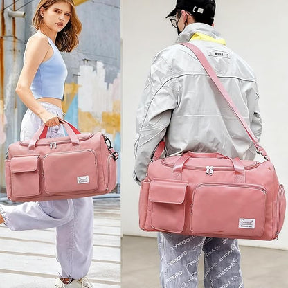 Gym Bag for Women Men, Travel Duffle Bag Large Capacity Carry On Weekender Bag With Shoe Compartment Gym Tote Dry Wet Separation Duffel Bag with Makeup Bag, Pink