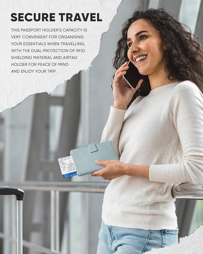 VULKIT Passport Holder with Airtag Holder RFID Blocking Passport Wallet Travel Leather Passport for Women(Blue)