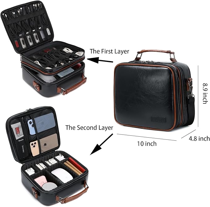 KYALOU Electronics Travel Organizer, Large Electronic Accessories Cable Case with Adjustable Dividers, Waterproof Tech Storage Bag Gifts with Double Layers for Cord, Charger, Power Bank - Black