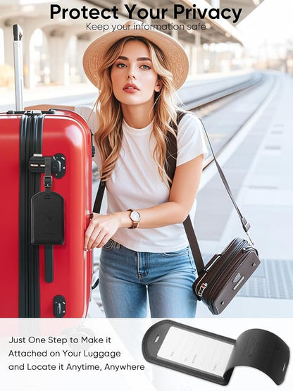 Luggage Tags Built-in Anti-Loss Tracker, Luxury Leather Luggage Tags for Suitcase, Travel Bags, Backpacks, Travel Organizer for Lost Baggage Prevention (Black*2 Pack)