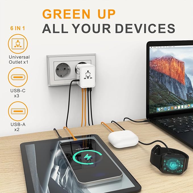 Universal Travel Adapter Worldwide- 35W GaN III/PD Fast Charge European Travel Plug Adapter with 3 USB-C& 2 USB-A Ports, International Power Adapter for US to Europe UK AUS Japan(Type C/G/A/I) (white)