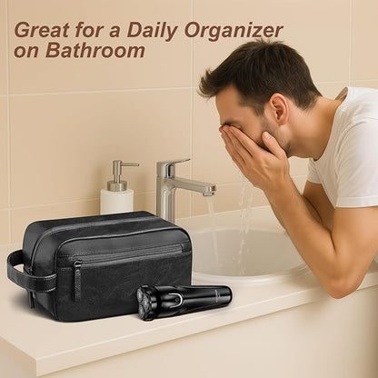 Travel Toiletry Bag for Men and Women, Travel Shaving Dopp Kit Water-resistant Bathroom Toiletries Organizer PU Leather Cosmetic Bags (Black)