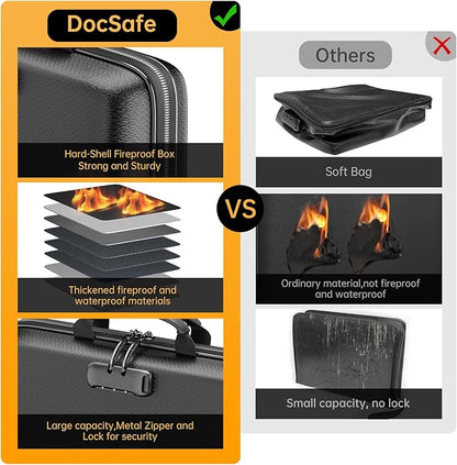 DocSafe Fireproof File Organizer with Lock, Hard-Shell Case Fireproof Document Box with 13 Pocket Accordion File Folder, Portable Home Office Travel Safe Storage for Important Documents Laptop Black