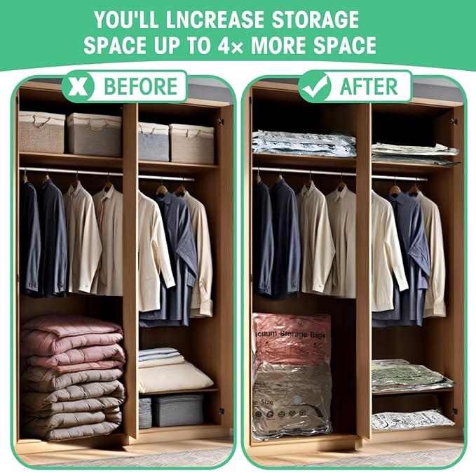 10 Pack Vacuum Storage Bags, Space Saver Bags, Compression for Comforters and Blankets, Sealer Clothes Storage with Hand Pump. (2J/2L/3M/3S)