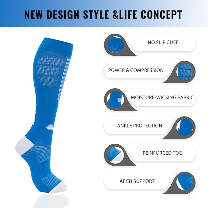 fenglaoda Compression Socks Women Men 6 Pairs, Knee High Best Support Circulation Socks for Running, Travel, Flight, Nurse