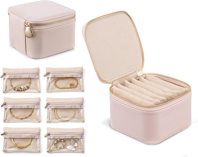 Vlando Travel Jewelry Box Organizer - 6 Small Velvet Zipped Pouches Pockets for Jewelries Necklaces Rings Earrings Sorting Storage, Rosy Mauve